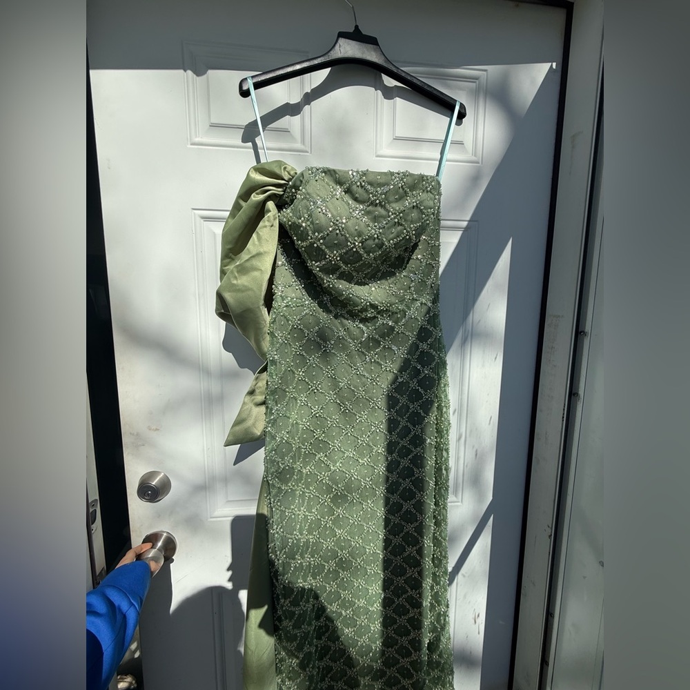 Olive Green Beaded One-Shoulder Evening Dress